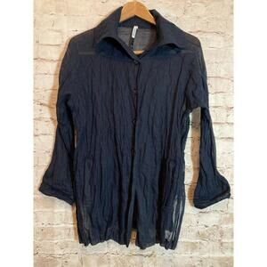 Blanque Top Womens Large Midnight Blue Button Up Shimmer Crinkle Pleat Lagenlook